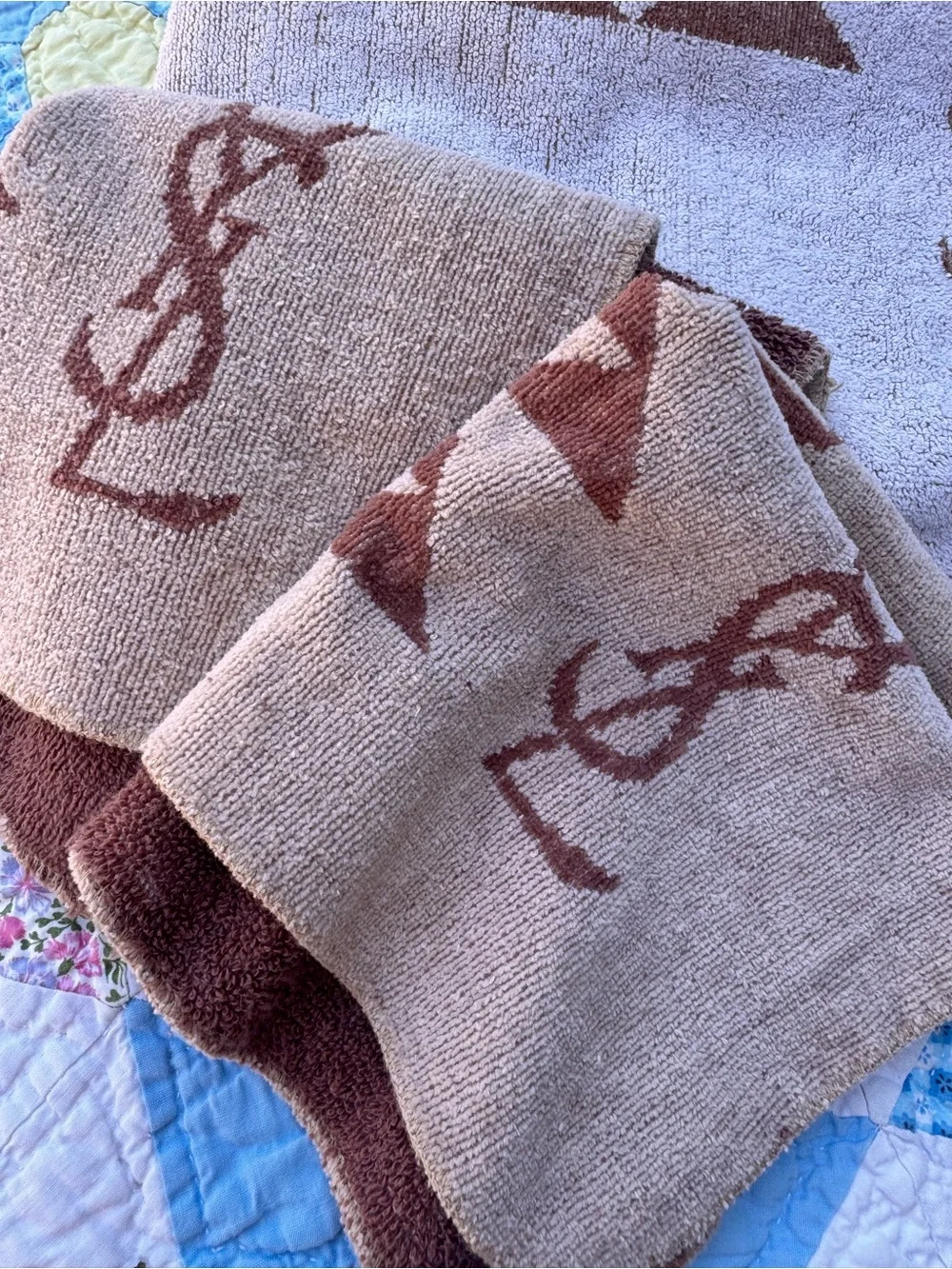Vintage 1970’s Yves Saint Laurent Brown and Cream Geometric Cotton Towel Set